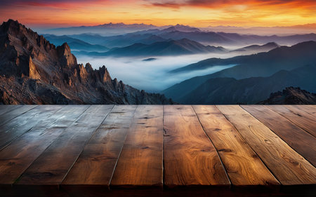 empty wooden table closeup and rocks in the fog at sunsetの素材
