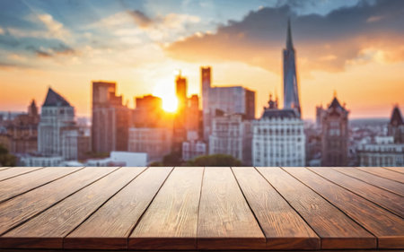 empty wooden table mockup with city backgroundの素材