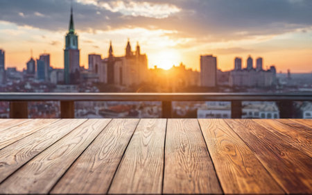 empty wooden table mockup with city backgroundの素材