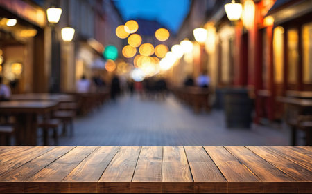 wooden empty table mockup on street bokeh backgroundの素材