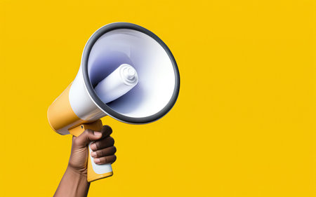 hand with a megaphone on a yellow background with space for textの素材