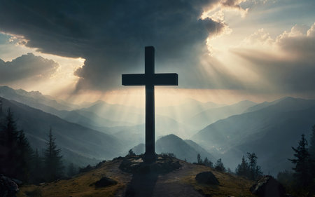 Jesus Christ cross, Christian cross on a background of dramatic sky and fog landscapeの素材