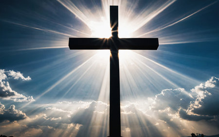 Jesus Christ cross, Christian cross on a background of dramatic skyの素材