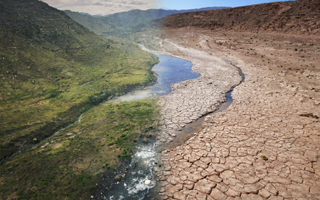 concept drought, climate change. river before and after drought. ecology, environment, environmental protectionの素材