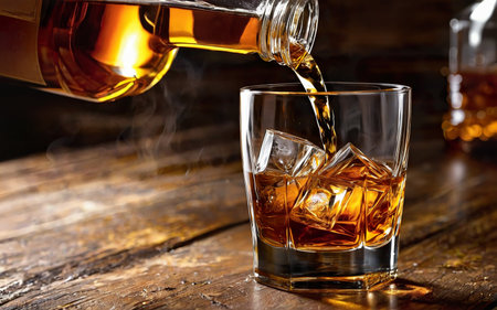 pours whiskey from a bottle into a glass with ice cubesの素材