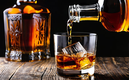 pours whiskey from a bottle into a glass with ice cubesの素材