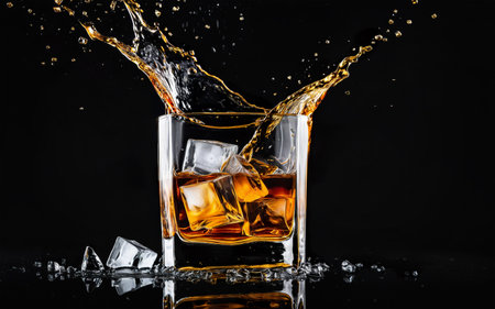 glass of whiskey with ice cubes and splashes on a black background close-upの素材