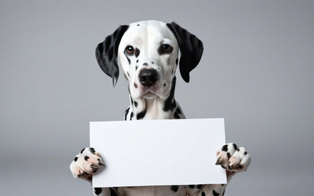 dog holding a blank white sheet, mockup, template on a gray background with space for textの素材