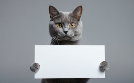 cat holding a blank white sheet, mockup, template on a gray background with space for textの素材