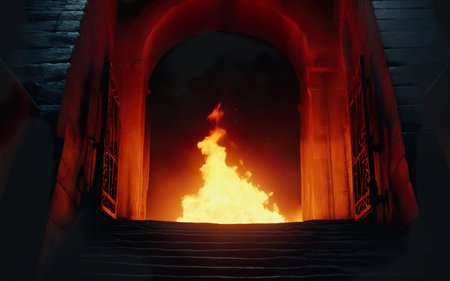 gate on fire, fiery flame, symbol of hellの素材