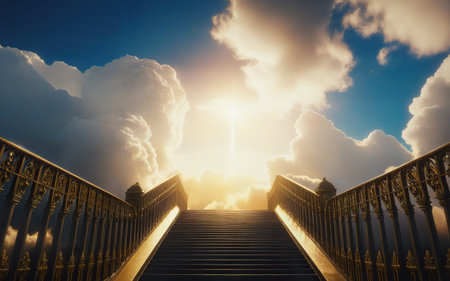 staircase in heaven, clouds, sun rays, path to heavenの素材