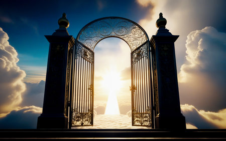 gate to heaven in the clouds, sunlight at the end of the pathの素材