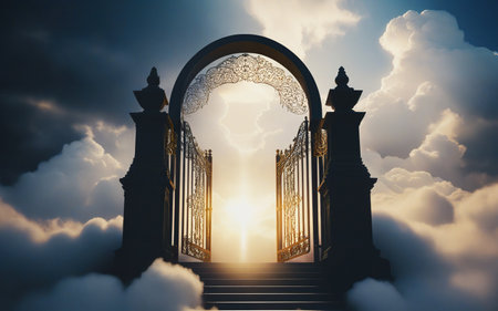gate to heaven in the clouds, sunlight at the end of the pathの素材