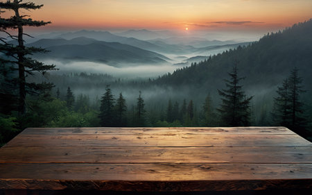 old wooden table mockup against sunset, mountains and trees backgroundの素材