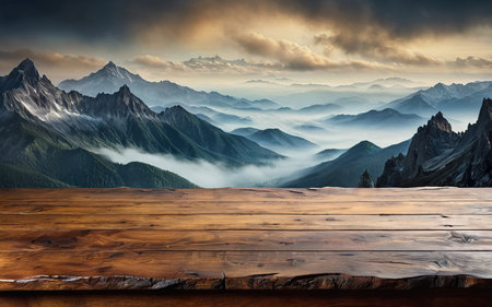 empty wooden table closeup against a background of fog and mountainsの素材