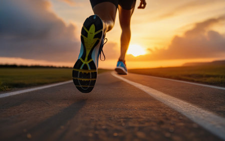 athlete runs along the road, sneakers close-up, sunset on the background, training and active life styleの素材