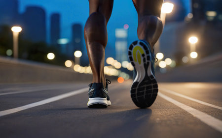 running through the night city, athlete close-up sneakers, lantern lights, training and active lifestyle, motion blur effect, soft focusの素材
