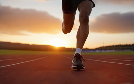 athlete runs in the stadium, sneakers close-up, sunset on the background, training and active life styleの素材