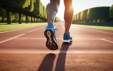 athlete runs in the stadium, sneakers close-up, sunset on the background, training and active life styleの素材