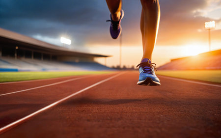 athlete runs in the stadium, sneakers close-up, sunset on the background, training and active life styleの素材