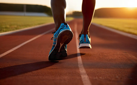 athlete runs in the stadium, sneakers close-up, sunset on the background, training and active life styleの素材