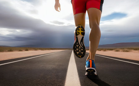 athlete runs along the road, sneakers close-up, sunset on the background, training and active life styleの素材