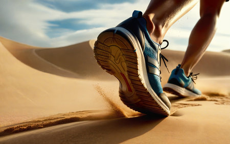 runs in the desert on the sandathlete, marathon, close-up sneakers, training and active lifestyleの素材