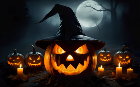 glowing halloween pumpkin in witch hat, halloween concept, mystical backgroundの素材
