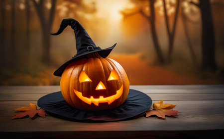glowing pumpkin in witch hat on wooden table with space for text, blurred background, halloween conceptの素材