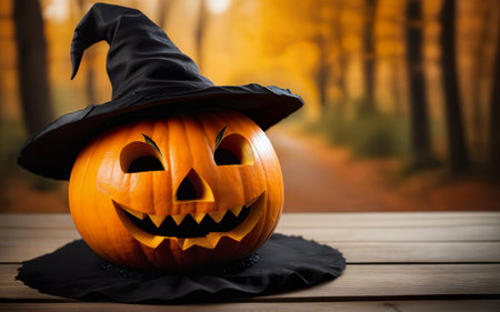 glowing pumpkin in witch hat on wooden table with space for text, blurred background, halloween conceptの素材