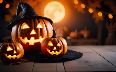 glowing pumpkin in witch hat on wooden table with space for text, blurred background, halloween conceptの素材