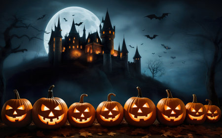 glowing pumpkin with castle, moon and bats in the background, halloween holiday conceptの素材