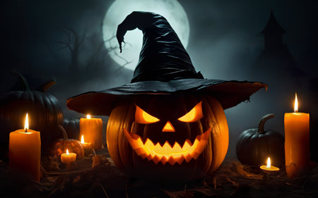 glowing halloween pumpkin in witch hat, halloween concept, mystical backgroundの素材