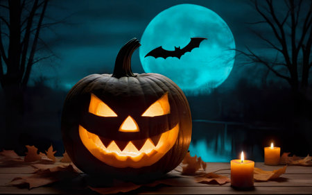 glowing halloween pumpkin on wooden table with candles, autumn leaves on mystical background of moon and fog, bats, halloween holiday conceptの素材