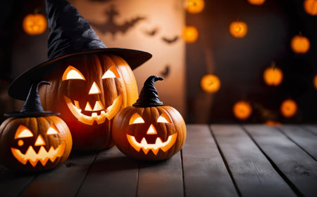 glowing pumpkin in witch hat on wooden table with space for text, blurred background, halloween conceptの素材