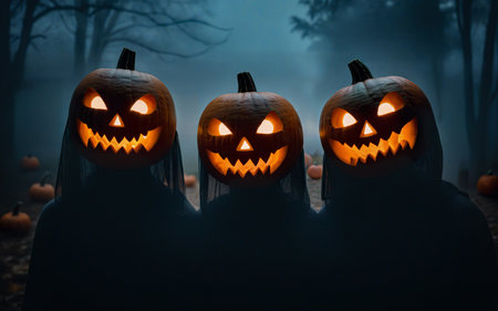 halloween concept, people in festive costumes for halloween holiday, glowing pumpkin head on mystical foggy backgroundの素材