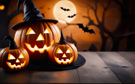 glowing pumpkin in witch hat on wooden table with space for text, blurred background, halloween conceptの素材