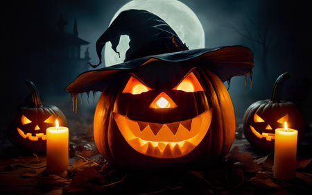 glowing halloween pumpkin in witch hat, halloween concept, mystical backgroundの素材