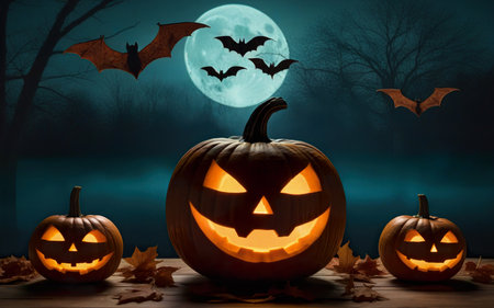 glowing halloween pumpkin on wooden table with candles, autumn leaves on mystical background of moon and fog, bats, halloween holiday conceptの素材