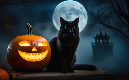 black cat and glowing pumpkin, halloween conceptの素材