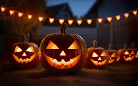 glowing halloween pumpkins on blurred background, halloween holidayの素材