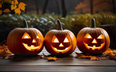 glowing halloween pumpkins on wooden table with autumn leaves, autumn background, halloween conceptの素材