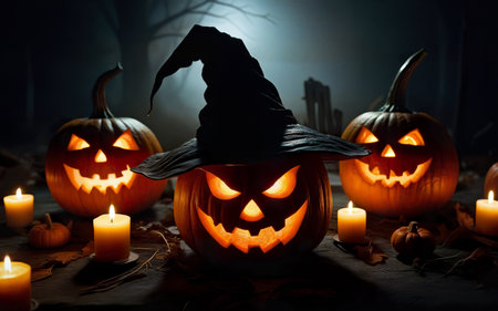 glowing halloween pumpkin in witch hat, halloween concept, mystical backgroundの素材