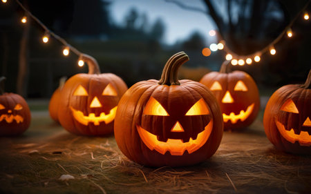 glowing halloween pumpkins on blurred background, halloween holidayの素材
