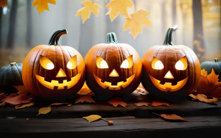 glowing halloween pumpkins on wooden table with autumn leaves, autumn background, halloween conceptの素材
