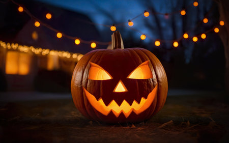 glowing halloween pumpkins on bokeh background, close up, halloween holidayの素材