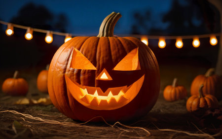 glowing halloween pumpkins on blurred background, halloween holidayの素材