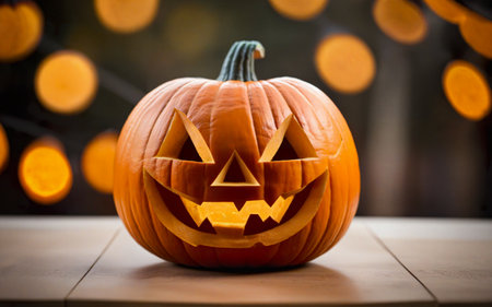 glowing halloween pumpkins on bokeh background, close up, halloween holidayの素材