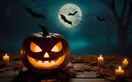 glowing halloween pumpkin on wooden table with candles, autumn leaves on mystical background of moon and fog, bats, halloween holiday conceptの素材