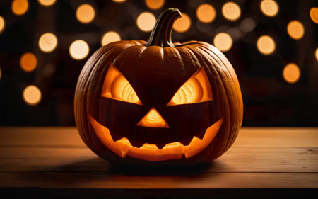glowing halloween pumpkins on bokeh background, close up, halloween holidayの素材
